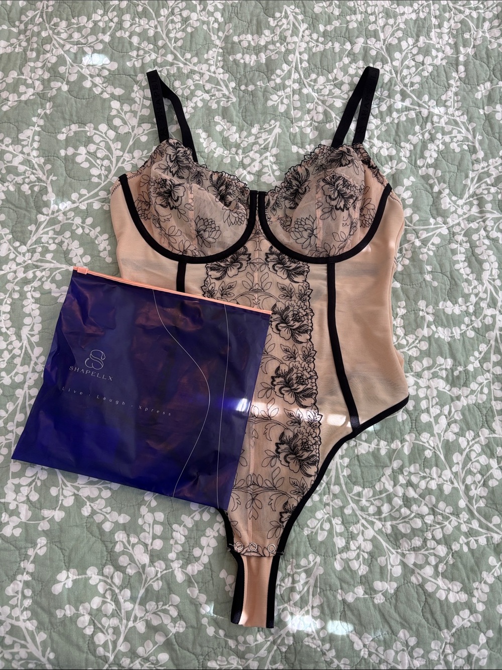 Shapellx Beige & Black Floral Lace Shaping Bodysuit - NWT